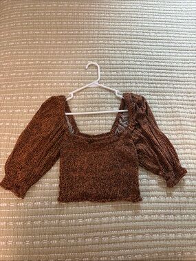 Smocked Square-Neck Crop Top in Brown Leopard Print